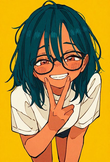 very awa, masterpiece, highres, absurdres, newest, year 2024, year 2023,
1girl, green hair, glasses, leaning forward, flashing a peace sign,  foreshortening, all fours, blush, brown eyes, narrowed eyes, half-closed eyes, happy, 
messy hair, dark skin, usnr