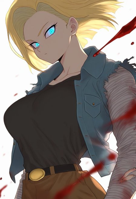 masterpiece, best quality, very aesthetic, high resolution, ultra-detailed, absurdres, newest, extremely detailed eyes, beautiful, perfect lighting, hi res, amazing quality, very awa, COLIG_ST, 1girl, blonde hair, android 18, blue eyes, white background, looking at viewer, short hair, upper body, simple background, serious, long sleeves, glowing eyes, denim jacket, torn clothes, black shirt, closed mouth, blood, torn sleeves, breasts, floating hair, striped, vest