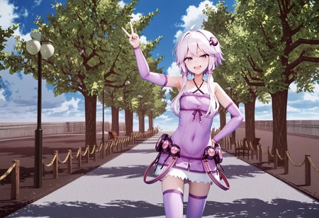 score_9, score_8_up, score_7_up, 
 <lora:YuzukiYukari_Uzai_V1:1>1girl, blue sky, bridge, closed mouth, cloud, cowboy shot, day, facing viewer, feet out of frame, hand on hip, jacket, lamppost, looking at viewer, open mouth, outdoors, outstretched arm, park, photo background, road, scenery, shadow, sleeveless, sleeveless dress, smile, solo, standing, tree, w, walking, wide shot, zettai ryouiki
smug, smirk, blush, teeth, peace sign, double peace sign,>_<,><;,