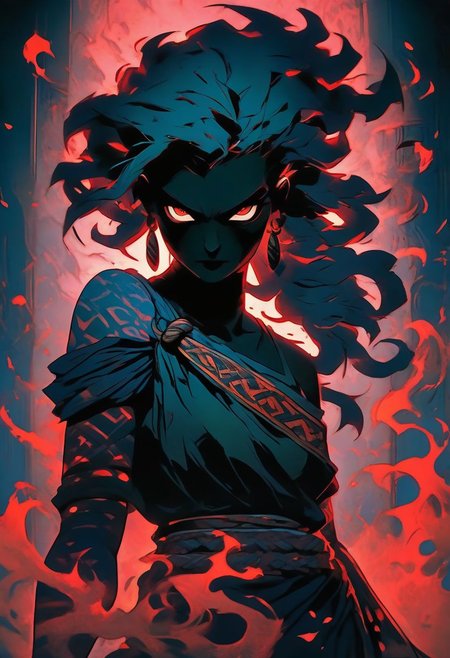 In a fantasy dungeon, a mysterious female silhouette, Herald of Chaos. Bright tattoos. Mystical power. Toga with dark slit. Sensual and dangerous. eroticism. tribal aesthetic. mystical color palette