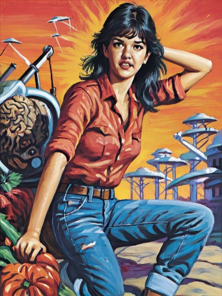 a solo portrait of a phoebe cates,  with long dark hair
<lora:Mars_Attacks_XL_Topps:1>