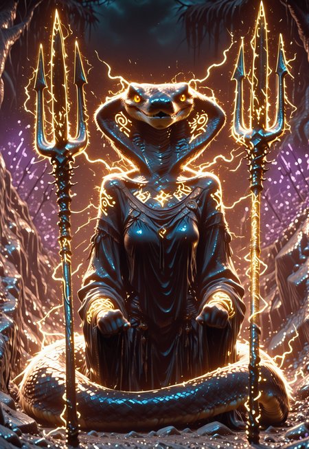 1girl, solo, DDCH Naga, ((snake head)), ((black scale)), ((horns)), ((ritual tattoos, glowing tattoos)), ritual clothes, ((one trident weapon, violet electricity trident weapon, in two hands)), ((Points the weapon at the viewer)), snake tongue, gold eyes, ((snake tail Instead of legs)), ((one tail)), ((detail head view)), BREAK, ((dynamic close up view,)), (((dynamic angle))),  BREAK, (((dark night))), rocks, swamp background, 
HDR, 8k, high contrast, masterpiece, best quality, amazing quality, very aesthetic, high resolution, ultra-detailed, absurdres, perfect lighting, volumetric lighting, dramatic shadows, (dark light), cinematic lighting, (sharp image), safe, scenery, (perfect anatomy, perfect hand anatomy, perfect face anatomy, perfect eyes anatomy, perfect mouth anatomy), perfect lighting, (sharp image), perfect anatomy, Focus face, (sharp focus),  ILXLpos, midniji, vibrant colors, detailed character design, dynamic poses