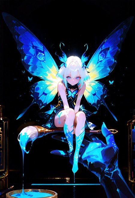 masterpiece, best quality, amazing quality, very aesthetic, absurdres, newest, volumetric lighting, holographic colors, cute, gradient colors, dark background, masterpiece, best quality, amazing quality, very aesthetic, absurdres, newest, volumetric lighting,1girl, 
BREAK
 ambient occlusion, raytracing, soft lighting, blum effect, masterpiece, absolutely eye-catching, particles, glow, shining, intricate cinematic background, (beautiful face),  
BREAK
masterpiece, highly detailed,1girl,beautiful eyes, big eyes, detailed eyes, detailed pupils, perfect body, dynamic pose, dynamic shot,
Leanan Sidhe, minigirl, butterfly wings, paint brush, paint splashes, sitting on giant hand, blue eyes, girl holding giant paint brush,
impasto, vignetting, chiaroscuro, masterpiece, best quality, very aesthetic, absurdres