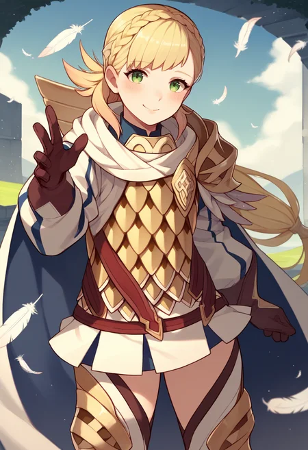 score_9, score_8_up, score_7_up, source_anime BREAK 1girl, solo, <lora:sharena-fe-richy-v1_pdxl:1> sharenadef, green eyes, blonde hair, long hair, ponytail, armor, cape, gloves, skirt, thighs, smile, blush, looking at viewer, feathers,