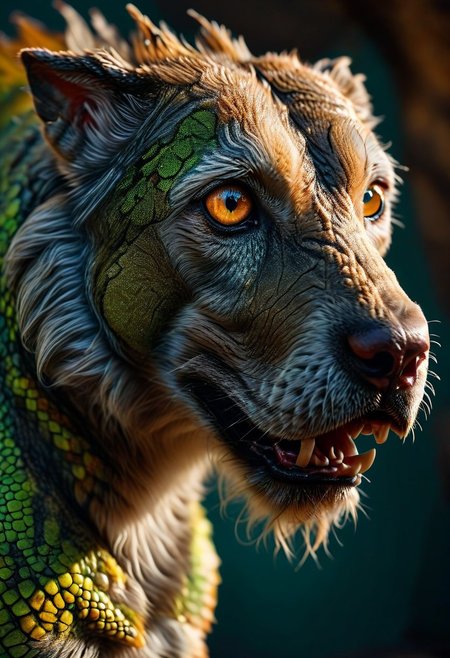 a stunning and highly detailed hybrid creature of Gecko and Irish Wolfhound, photographed in stunning hybrid creature, Gecko, Irish WolfHound, full body, photography, stvmccrr style, extremely detailed, dramatic lighting, HD, depth of field, close-up, trending on ArtStation, close-up, portrait, masterpiece, ((unique reptilian scales, fur texture, intricate details, realistic eyes, teeth, claws, realistic animal features)), volumetric lighting, dramatic shadows, professional photograph, high resolution, stunning composition, trending on Instagram