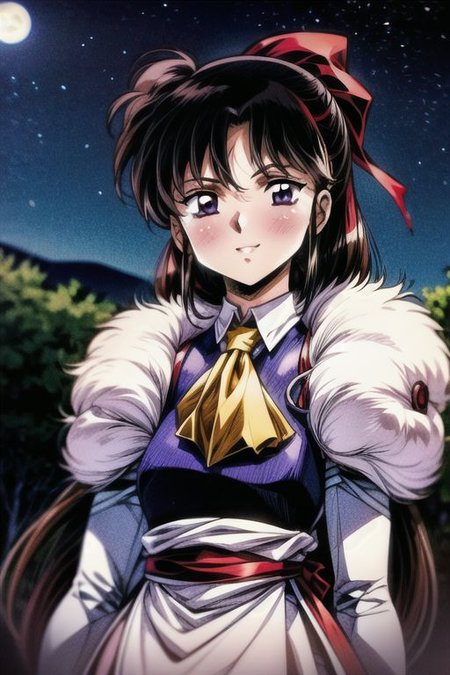 best quality 1girl Setsun4 solo long hair,  (night time) forest background black hair very long hair purple eyes multicolored hair armor, small, (fur trim) (medium body),<lora:EMS-179-EMS:0.800000>,<lora:EMS-293862-EMS:0.800000> bow, hair_bow, hair_tubes, red_bow, brown_hair, long_hair, bangs, ascot, frilled_bow, yellow_ascot, blush, smile, hair_between_eyes, athletic, armor, miko,  Smiling, happy,