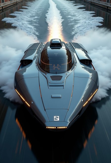 a_skynet_cyberdyne_systems_craft, the image is featuring a futuristic, highly advanced speedboat moving rapidly on a cyberpunk canal.  The hull is made of a dark gunmetal alloy and the hull is a flat wedge-shape with a square front, the cockpit shows glowing led lights, and has a large air intake