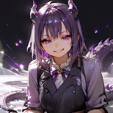 score_9_up, score_8_up, score_7_up, best quality, high quality, masterpiece, extremely detailed character, detailed eyes, beautiful face, source anime, 
<lora:nekomata_okayu_sdxl_pony:1>
okayu, ahoge, shiny purple hair, slender, 
1girl, sitting, soft smile, Obsidra, dragon girl, purple hair, purple scales, claws,