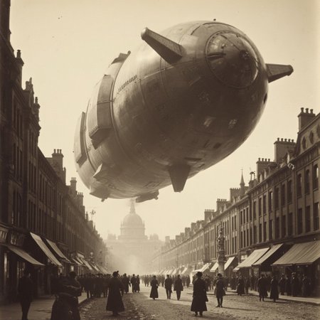 01dPh0t0 dark, shadow, distorted, grainy, film grain, Victorian, An aged worn sepia monochrome 1800s photograph of an (enormous and intricately detailed high-tech science fiction alien spacecraft)2, angular, (anachronistic)3, hovering over 1890s London, low angle looking up, ominous, looming, massive sense of scale, nervous people on the streets looking upward