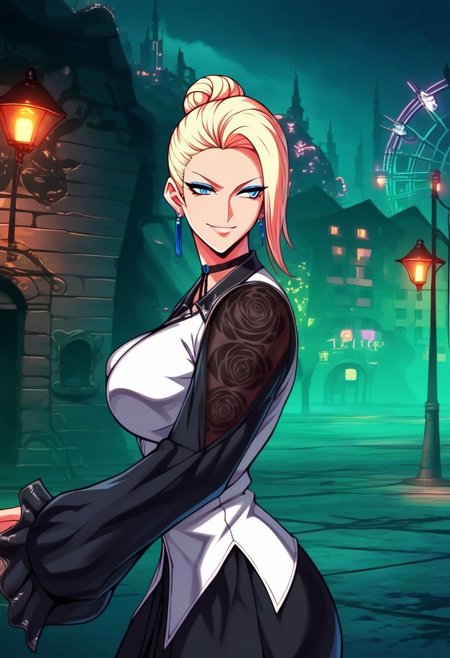 score_9, score_8_up, score_7_up, score_6_up, source_anime, 1girl, 18 years old girl maturekfsXV, , (big breasts:1.5), (large cleavage), black shorts,pantyhose, hair bun, hair over one eye, blonde hair, blue eyes, eyeshadow , beautiful face, earrings, choker, long dress, black sleeves, long sleeves, white vest , white pattern,sexy smile, sensual smile, city, night, dramatic shadows, posing sexy, thighs , puffy nipples, high quality anime movie, , , wide shot ,Tbtniki style , raw, concept art
