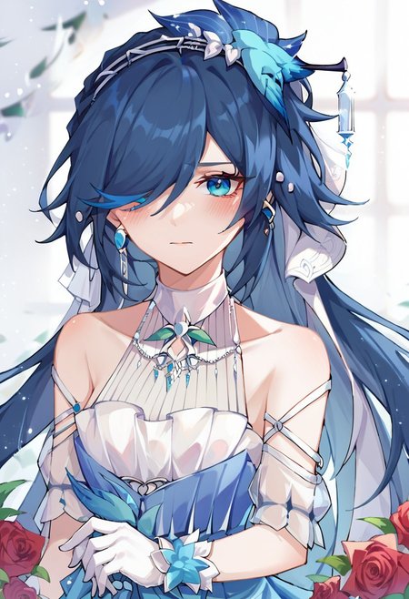 score_9, score_8_up, score_7_up, source_anime, wedding dress, blue eyes, closed mouth, jewelry, fu hua, rose, blush, hair between eyes, earrings, hair over one eye, gloves