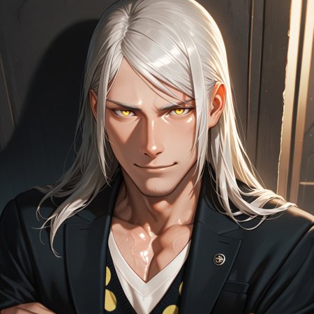 masterpiece, best quality, amazing quality, absurdres, newest, detailed background, definition so sharp, Ultra-HD, 8K cinematic, very awa, impressionate, amazing quality, highres, 
solo, male focus, manly, shadow, shiny skin, mature male, extream close-up, soft coloring,
mitsuhisahachiya, mitsuhisa_grey hair, mitsuhisa_yellow eyes, 1boy, long hair, scar across eyebrow, warm_glow, cozy_atmosphere, quiet, dust_motes, peaceful_expression, natural_light, crossing arms, slightly smile, looking at viewer, standing, black blazer, polkadot cardigan, v-neck, white shirt,