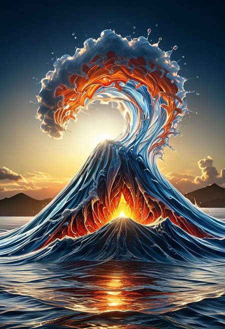 UHD, masterpiece, high quality, extremely details, intricate details, sharp focus, realistic, OverallDetailXL, sss
a volcano made of ((water)) ,((ais-wvs)) ,sun sunlight, sunray ,sunset