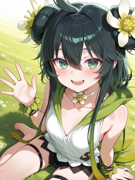 plant girl, traptrix vesiculo, 1girl, solo, looking at viewer, open mouth, barefoot, dutch angle, smile, blush, double bun, :d, collarbone, sidelocks, teeth, hand up, white hair flower, white flower choker, green sleeveless dress, green wrist scrunchie, grass, black skirt, black thigh strap
masterpiece,best quality,amazing quality,very aesthetic,absurdres,newest,<lora:Traptrix Vesiculo illuXL v1:0.7>,