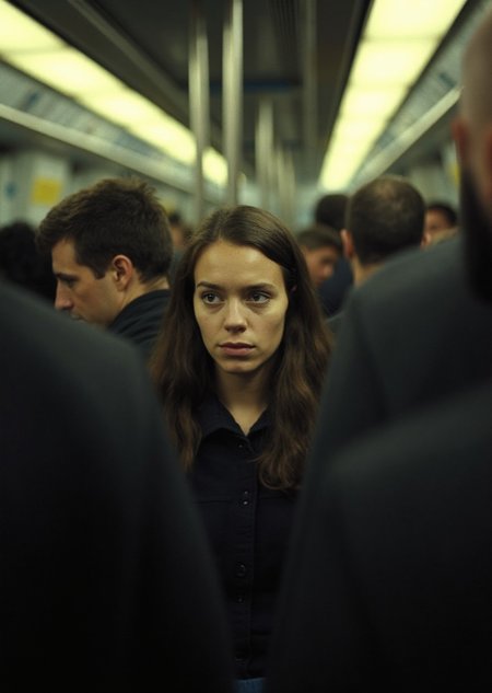 This photograph captures a poignant moment in the midst of a crowded subway car. The subject, a young woman, stands out from the sea of faces, her expression a mix of determination and vulnerability. The camera angle is from a slight low-angle perspective, placing the viewer in the midst of the scene, emphasizing the sense of claustrophobia and anonymity that often accompanies urban commutes.

The lighting in the image is dim, with the soft glow of overhead fluorescent lights casting a warm, yellowish hue on the faces of the passengers. This artificial lighting source creates a sense of depth and atmosphere, drawing attention to the subject's emotional state.

The image is shot in a formal, documentary style, with a shallow depth of field that isolates the subject from the surrounding crowd. This visual separation emphasizes the individual's experience, inviting the viewer to reflect on the complexities of urban life and the human condition. The image is suitable for all audiences and is not suggestive or nsfw.