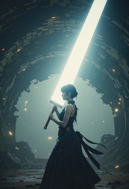 A cinematic shot captures a terribly beautiful, yet expertly lethal biosynthetic humanoid woman wielding an unbelievably massive sword that is more than twice her own size. She moves with finesse and grace, the giant blade seeming like an extension of herself as she swings it through the air. With bright, mesmerizing synthetic eyes and white matte translucent ethereal skin, this biosynthetic humanoid was designed to kill but is reminiscent of a dance when wielding her sword. The scene takes place in an uncertain environment where unknown elements swirl around her, emphasized by backlighting that creates a dramatic and atmospheric glow. Her intense focus radiates off her, making it evident she's truly at home in this role while maintaining subtle hints of happiness. This captivating image is rendered with soft diffused lighting, gentle highlight diffusion, muted reflections, soft-focus translucency, as well as intricate details like visible pore structure and subtle light scattering, creating an overall hauntingly beautiful effect that leaves a lasting impression on the viewer., <lora:Ethereal Brush Anime v2.0:0.308>,<lora:apoclypse02-style-000019:0.44> apoclypse,<lora:FluxDeathW40K:0.432> DeathW40K,  <lora:ssw:0.75> giant sword