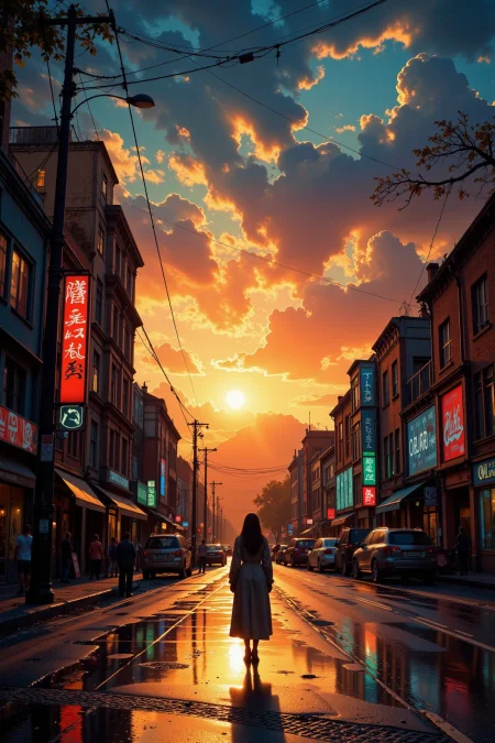 busy street with wet ground beautiful  landscape, sunset, woman, very intricate, very detailed, sharp, bright, colorful, <lora:Hand v2:0.5> <lora:Anti-Blur:1><lora:Insane Detail Slider:0.25>  <lora:flux.1_lora_flyway_Epic-detail_v2:0.3> <lora:fluxenhancer:0.25> <lora:Anime art - Variant 2:1>