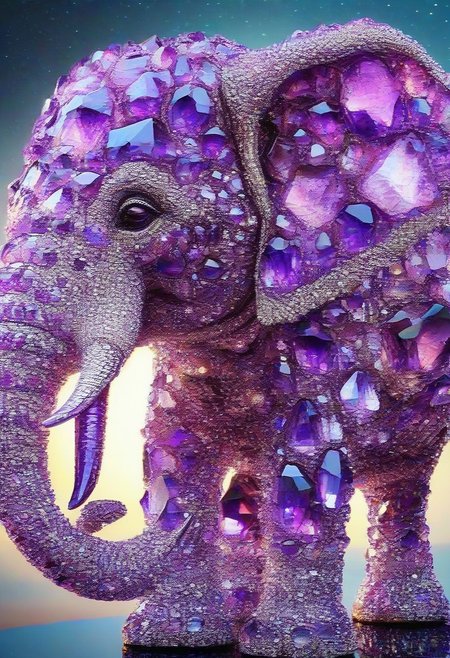 absurd resolution, best quality, ultra-detailed, perfect anatomy, perfect eyes, 
made of sparkling amethyst crystals, 
elephant,