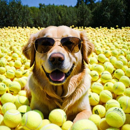 A portrait of a happy golden retriever sitting in a mountain of tennis balls, wearing sunglasses, beautiful summer day, found photo, ((year 
1995)), polaroid film photography, soft focus, high quality, sharp image, (film grain: 1.4), analog style, shot with Kodak 400: 1.3)
