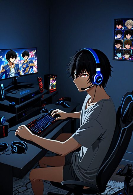 high resolution, solo, best quality, 1Boy, Seiya Kanie, black hair, short hair, thin, gamer, bedroom, night, pc, sit, headset, portraits, OverallDetail