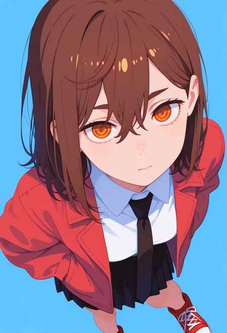 score_9, score_8_up, score_7_up, score_6_up, masterpiece, best quality, newest, absurdres, highres, traditional media, 1girl, black necktie, necktie, solo, medium hair, brown eyes, shirt, jacket, white shirt, skirt, red footwear, collared shirt, shoes, brown hair, blue background, simple background, power \(chainsaw man\), hands in pockets, facing viewer, looking at viewer, leaning forward, close-up, red jacket, from above, upturned eyes, close-up,portrait, Colorful themes,High Saturation, haiz_ai, no lineart,no outline,ayase momo