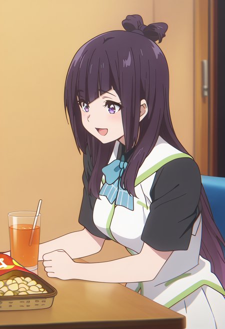 masterpiece, best quality, amazing quality, very aesthetic, absurdres,

1girl, solo, Beach Angels A, long hair, multicolored hair, gradient hair, black hair, purple hair, hair knot, purple eyes, 

school uniform, black shirt, white vest, short sleeves, blue bowtie, white skirt, pleated skirt, frilled skirt, 

at Karaoke room, playing Maraca, Maraca, :D, sit, table, snack on table, 3 glass of juices, 

anime coloring, 

kyoto animation,

