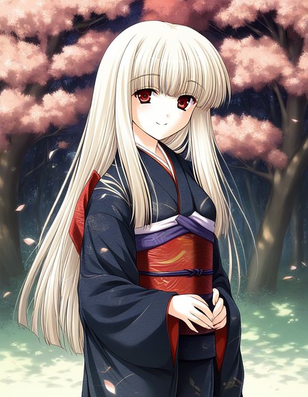 score_9, score_8_up, score_7_up, source_anime, rating_explicit, BREAK   <lora:Rindou_Ver2.0_XL:1> Rindou, solo, red eyes, long hair, white hair, blonde hair, albino,
 japanese clothes,  black kimono, outdoors, sash, obi, day,  long sleeves, nature, tree, brown eyes
light_smile,
looking at viewer, 
cowboy_Shot,