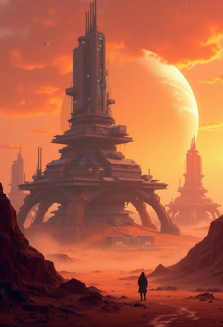 A digital painting in the style of ck-js, a planetary science exploration baseon an arid and dusty landscape, featuring a central control tower, plus numerous armoured turrets with large guns, and smaller research laboratory buildings and living quearters.  Sunset, vivid sky