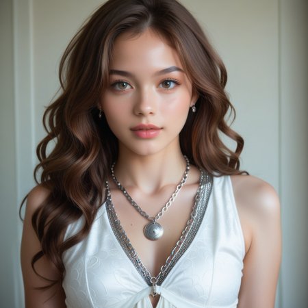 light skin tone, wearing a white sleeveless top, centered in frame, (accessories:1.1), natural light, looking directly at viewer, medium shot, (facial features:1.2), warm tone colors, Young woman (ethnicity:1.0), (body type:1.0), INESATHORNS, (pose:1.1), wavy brown hair, portrait, 8k resolution., (expression:1.1), high detail, photorealistic style, (detailed clothing:1.1), a silver chain with a dark-colored pendant (detailed pendant design:1.2)