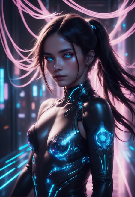 masterpiece, high quality, anime style, 2d, running, heijzel is a cyborg made of Jed-CyFut<lora:CyberFuturisticStyle:0.7> , black choker,medium teardrop breasts,, Heijzel <lora:HeijzelSDXL-000005:0.95>,, Heijzel is a cyborg, created to arouse lust and desire in the other person, her body is well formed, her suit is connected to her body, cables protrude from her bodysuit to the technical devices in the background, the cables are charged with neon light and fill the woman with energy, many cables merge in the most harmonious way of caos in a symbiosis with the background, a sci-fi scenery created to captivate the viewer, Heijzel is pure seduction,  <lora:SDXLFaeTastic2400:0.4>,, She storms towards the viewer, massive speed, focus on the face