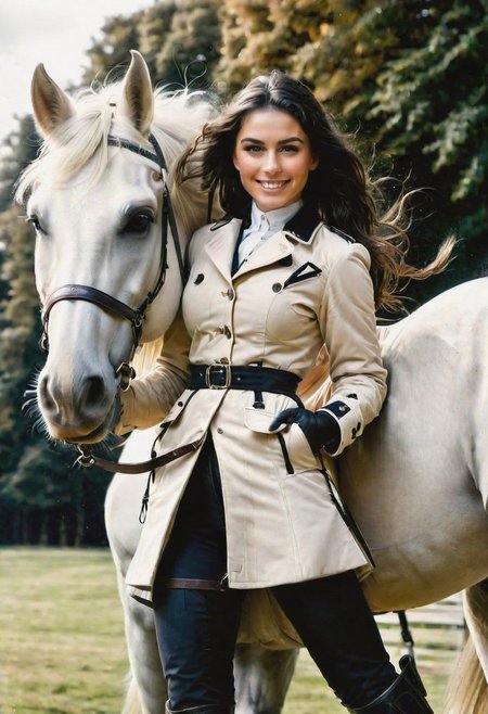 A photo of a smiling,  beautiful woman,black hair in a ponytail and face framing tresses, standing next to a white horse, dressed in a riding coat and Jodhpurs, riding boots, smiling at the viewer, holding a riding crop, photo realistic, outside, atmospheric