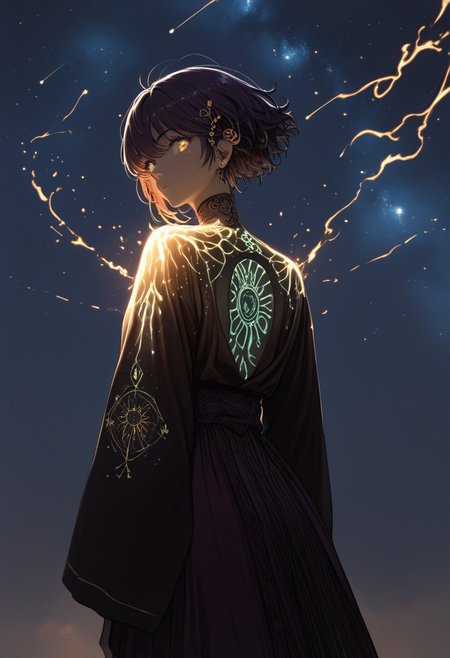 Score_9, score_8_up, score_7_up, best quality, high res, 8k, Dark lighting, low lighting, night, dark background, nebula,  1girl,faceless,back view, intricate tattoo, constellation, glowing tattoo, open back robe, cosmic entity, looking back at viewer, burning eyes