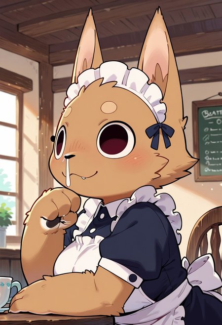 1girl, solo, goo-chan, furry, snot, BREAK maid outfit, BREAK indoors, maid cafe, sitting, front-side view, upper body, portrait, BREAK ((ultra-detailed)), ((best quality)), ((beautiful eyes)), ((extremely detailed)), 4K, (8K), best quality, (beautiful), Master piece, highres, best quality, official art, highres, masterpiece, detailed background, high quality background