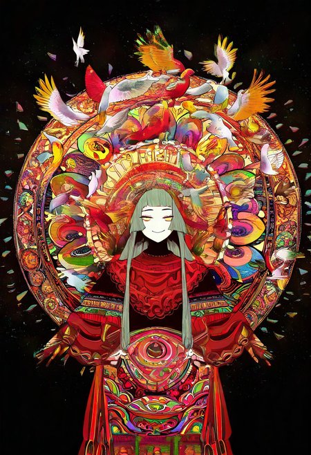 1girl, solo, red and golden background, smile, longhair, psychedelia, megalomaniac, mandala, zen, too many birds,
cowboy shot, 
amazing quality, masterpiece,best quality,very aesthetic, absurdres, newest,