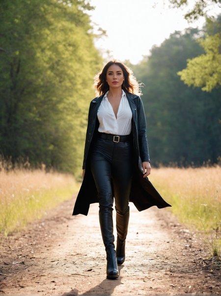 A dynamic cinematic photograph of Brett_Bowles_P_MXAI_SDXL walking through the woods, wearing a leather duster, wearing leather pants, wearing a white shirt, wearing black boots, walking towards the camera, golden hour, god rays, SK_CINEMATIC, ziprealism