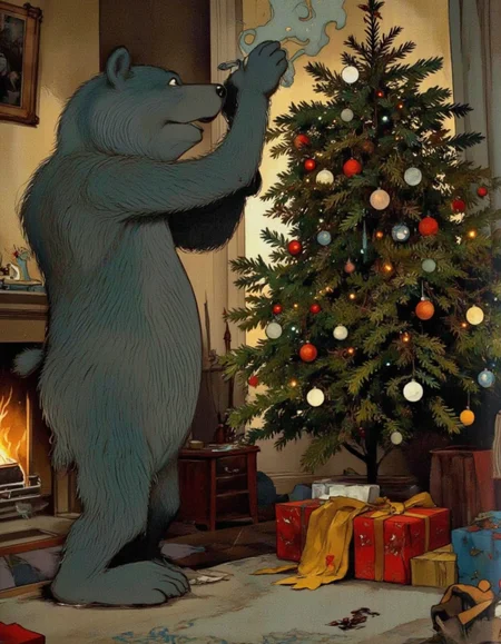 <lora:chzcat:1>, A cheerful cartoon bear decorating a Christmas tree in a festive living room. The bear is standing on tiptoes, placing ornaments on the tree with excitement, surrounded by twinkling lights and wrapped gifts underneath the tree.