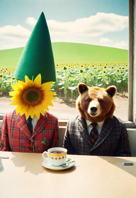 A fox in a plaid suit and a bear in a green hat sip tea and nod in appreciation. Nearby, a single, enormous sunflower watches on, gently swaying as if listening. A soft breeze drifts through, carrying the scent of freshly baked bread from a cozy-looking bakery somewhere just out of sight. 
Specular glossy Lomography((Introduce quality iteratively))
((Don't you understand what I'm trying to say?
Can't you feel the fears I'm feeling today?
((evocative depth of field)(absolute sharpness)(true black point)(art of genius)(relativistic gradients)((vibrant colorful saturated hues))((dark corners vignette))(introduce sharpness) Proclamation 2040 into 48 STAT 1, TITLE I, SECTION 1 amended 2b of TWEA, 12 U.S. Code 95b = all enemies are mortal enemies, all war is total war, with only one crime possible, losing.
<lora:Surrealismq:1> Surrealismq
<lora:super_16mm_film style:1> super_16mm_film style
<lora:rebecca_ferguson_20:1>