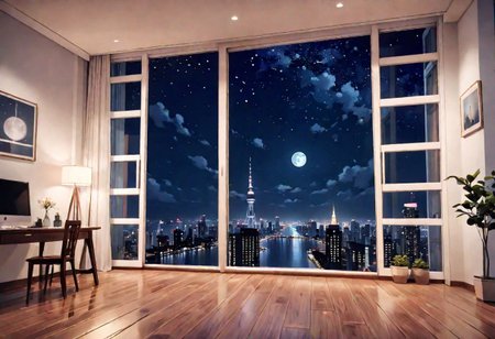((((front view)))), Shallow scene, ((animation style)), (((City high-rise building scenery))), ((((City scenery outside the window)))), ((sense of mystery)), (night), starry sky, moonlight, (weak light), (Facing the window), (open window), modern-style interior, Wooden floor, with white walls, (large windows), a living room, ((sofa and coffee table by the window sill)), (((Sofa placed horizontally))), (Behind the sofa is the window sill),
