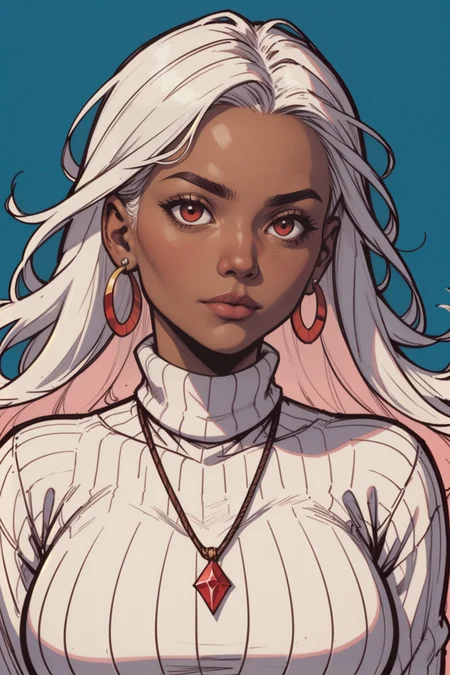 1girl, jewelry, solo, turtleneck, sweater, long hair, red eyes, dark skin, dark-skinned female, breasts, turtleneck sweater, earrings, necklace, white sweater, blue background, large breasts, white hair, simple background, upper body, closed mouth, ribbed sweater, looking to the side, long sleeves, forehead, <lora:Expressive_H:0.5>, score_9, score_8_up, score_8_up, a_Comic_Illustration, rough lines with ink, (drawn:1.1), (sketch:1.5), (crosshatching:1.25), (comic style:1.1), graphic novel style, sharp lines, hires, zstyle, (western comics \(style\):1.1), (hatching \(texture\):1.2), zPDXL, Mr_Monster_Possitive, beautiful detailed eyes, extreme details eyes,  perfect anatomy,, 1girl, thighs, cowboy shot