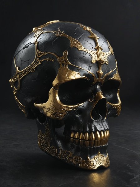 Imagine a skull-shaped cup adorned with intricate golden embellishments,  Crafted from gleaming gold, ornate engravings cover its surface,   <lora:Desolation:0.6>