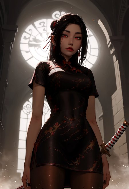 score_9, score_8_up, score_7_up, dramatic shadows, cinematic lighting, volumetric lighting, (light particles:1.3), backlighting, dappled light, light rays, from below, foreshortening, (close up:1.25), straight-on, 1girl,medium breasts,red eyes,red lips,black nails, long hair,black hair,ponytail,parted bangs, large breasts, curvy, thick, chinese clothes, china dress, short sleeves, short dress, black dress, brown pantyhose, ribbon, hair ribbon, hair bun, weapon on back, sheathed weapon, katana, flustered, in heat, half closed eyes, looking at viewer, inside, church, chapel, fog, smoke, (golden hour:1.25), warm lighting, (bokeh), beautiful scene, vibrant warm colors, Expressiveh, g0thicPXL, glowing, neon, <lora:ponyxl\KMS_Sicae_Yuna:0.8> <lora:ponyxl\Expressive_H-000001.safetensors:0.45>, <lora:ponyxl\g0th1cPXL.safetensors:0.35>, <lora:ponyxl\princess_pony_v1.safetensors:0.7>, <lora:ponyxl\incase_style_v3-1_ponyxl_ilff.safetensors:0.6>