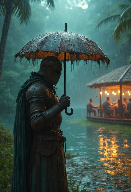 A medieval knight, weathered by time and neglect, stands alone on a lush island surrounded by turquoise waters, as a torrential downpour pounds against the umbrella he holds over his head. Water drips from the brim, and rain splashes off his rusty armor, revealing glimpses of the steel beneath.

Before him, a group of revelers in modern attire huddle under a brightly lit gazebo, laughing and chatting as they enjoy their work party. They're all dry and warm, oblivious to the storm raging outside. The stark contrast between the knight's forlorn state and the joyful scene creates an intriguing atmosphere.

In the background, palm trees sway gently in the wind, their leaves rustling softly. A few stray raindrops cling to the gazebo's edges, creating miniature rivulets that trickle down into the surrounding grass. The overall mood is one of whimsical discordance – a knight from a bygone era struggling against the elements, while those around him bask in comfort and camaraderie.

Art style: Whimsical, fantastical realism with an emphasis on atmospheric contrast. The knight's rusty armor should be weathered to an attractive, aged patina, emphasizing his connection to history.