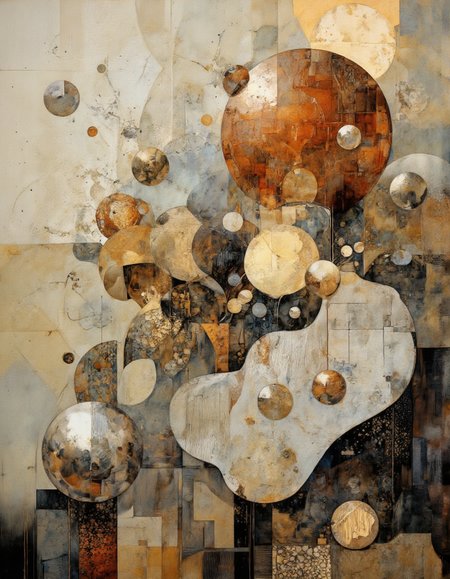 In this ethereal masterpiece, metallic sculptures juxtapose effortlessly against a subtle backdrop of misty neutral hues. Exquisite curvatures and geometric shapes converge harmoniously, creating an illuminating realm of polished metallic surfaces. Shimmering copper, gleaming silver, and lustrous gold hues dance in perfect balance, highlighting the intricate play of light and shadow cast upon these celestial forms.  A halo of diffused radiance envelops each piece, enhancing their textured depths and metallic brilliance while allowing delicate details to emerge from obscurity. The composition conveys a serene yet mesmerizing atmosphere, as if suspended in a dreamlike limbo between reality and fantasy. The tantalizing interplay of colors within this transcendent realm creates a profound sense of depth and grandeur that invites the viewer into an enchanting voyage through abstract metallic beauty.  This captivating artwork evokes emotions of boundless curiosity and reverence reminiscent of the timeless works by artists such as Giorgio de Chirico or Paul Klee, while asserting a unique, modern artistic sensibility. With every observation, a new nuance unfolds, as if a never-ending story waiting to be discovered through the lens of metallic artistry.