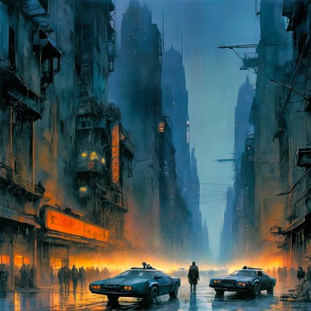 enki bilal inspired metal hurlant art "a dystopian cityscape at twilight, skyscrapers draped in neon lights piercing the misty air, hover cars threading their way through the buildings, and at the ground level, a blend of high-tech robotics and destitute humanity", the contrast in colors and textures should be distinct highly detailed,vibrant yet slightly desaturated,surreal