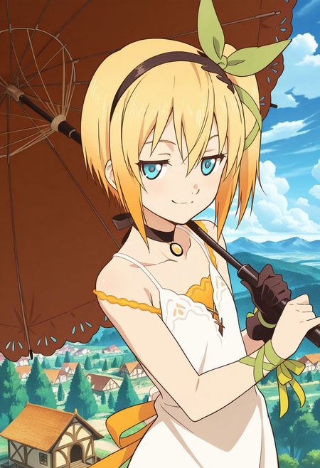 detailed eyes, beautiful, detailed background, perfect eyes,
source_anime, very aesthetic, anime coloring,
<lora:HandFineTuning_XL:1>
BREAK,
village, trees, 
cowboy shot, flat chest, 
BREAK,
<lora:edna_illustrious_v01:0.9>
short hair, blonde hair, multicolored hair, orange hair, blue eyes, hair between eyes, source anime, score 9, white dress, sleeveless dress, bow hairband, hair bow, hair ribbon, umbrella, ednabase, side ponytail, smirk, jitome, single glove, wrist ribbon,
