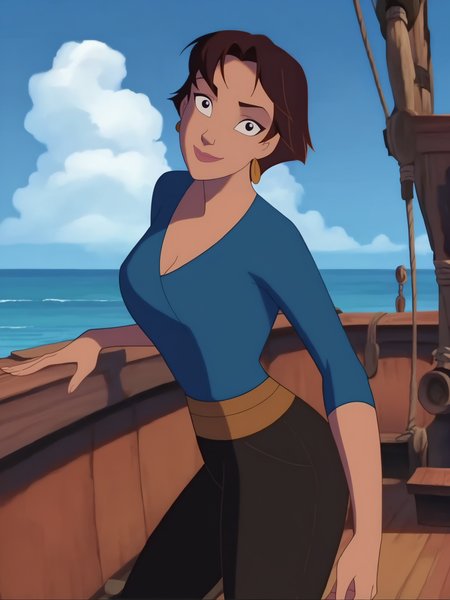 score_9, score_8_up, score_7_up, 1girl, leaning forward, dynamic pose, light smile, looking at viewer, on boat, ocean, cowboy shot, cute pose, from side,
 <lora:ASinbadMarina_character:1>, MarinaXLP, short hair, makeup, brown hair, black eyes, earrings, pants, blue shirt, cleavage, sarashi, anime screencap,