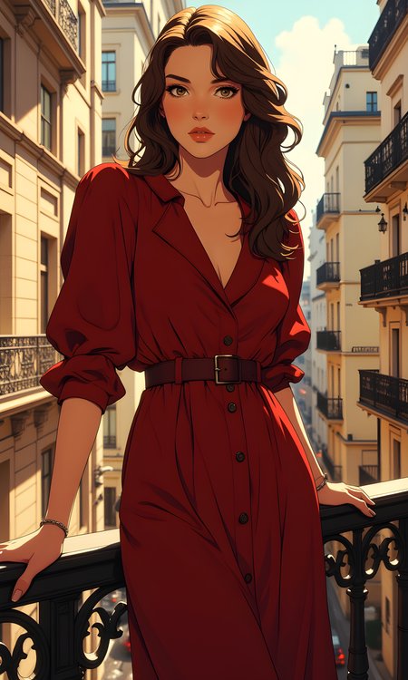 A woman with long, straight brown hair. She has a poised and elegant demeanor, standing on a balcony with a cityscape in the background.
Her facial expression is serene and composed. Her gaze is directed slightly to the side, giving an air of contemplation or thoughtfulness. The soft lighting enhances her features, adding to the overall calmness of the image.
She is standing with one hand resting on the balcony railing and the other hand lightly touching the railing. Her posture is upright and graceful, with her weight evenly distributed. The way she leans against the railing adds a sense of ease and naturalness.
She is wearing a deep red, button-up dress with a V-neckline and puffed sleeves. The dress is cinched at the waist with a matching belt, creating a flattering silhouette. The color of the dress is bold and eye-catching, making her stand out against the neutral tones of the background.
The camera is positioned at eye level, capturing the woman from a frontal perspective. This angle allows for a clear view of her face and upper body, emphasizing her pose and attire. The framing focuses on her, with the background serving as a complementary element.
The lighting in the image is soft and diffused, likely from natural daylight. The light highlights her features and the details of her clothing, creating gentle shadows that add depth and dimension. The interplay of light and shadow enhances the texture of the dress and the smoothness of her skin.
The background features a cityscape with tall buildings and balconies. The architecture is classic and ornate, with intricate details visible on the facades. The blurred effect of the background helps keep the focus on the subject while still providing context.
The composition is well-balanced, with the woman centered in the frame. The balcony railing serves as a strong horizontal element, leading the viewer's eye towards the subject. The overall composition captures a moment of quiet elegance in an urban setting, with the subject's pose and expression drawing the viewer in.
BREAK anime, d13s3lp2nk, bboil artist style, OBdonman, Anime art, <lora:FLUX\Anime Art V3:0.2>, <lora:FLUX\Synesthesia:0.2>, <lora:FLUX\RetroAnimeS1.1:0.5>, <lora:FLUX\Flux-jijia:0.1>, <lora:FLUX\It's a LoRA for portraits, BUT! actually specialized in backgrounds. v1.0:0.1>, <lora:FLUX\GLSHS:0.2>, <lora:FLUX\Dieselpunk Delight - s0_9 g4:0.4>, <lora:FLUX\OBdonman, anime0style portrait:0.1>