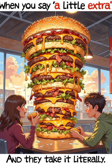 A cartoonishly tall cheeseburger with dozens of layers of cheese, bacon, lettuce, and sauce spilling out. A wide-eyed person with a shocked expression sits across from it at a fast-food restaurant, holding a small burger with just one patty."
Text:
Top text: "When you say 'a little extra'"
Bottom text: "And they take it literally"
