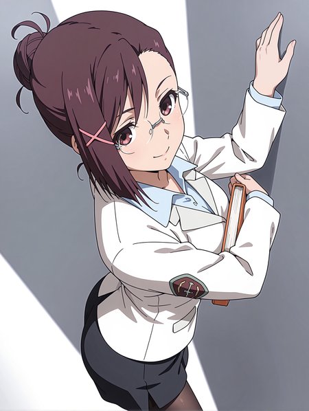 masterpiece,best quality,newest,
1girl,solo,
<lora:sakurai_kanade_ilxl_v1.0>,brown hair,single hair bun,x hair ornament,brown eyes,short hair,rimless glasses,
k_clothes,uniform,white jacket,shirt,black skirt,black shorts under skirt,
<lora:Fixhands_anime_bdsqlsz_V1:1>,dynamic_angle,cinematic_angle,smile,posing,simple_background,white background,standing,book,