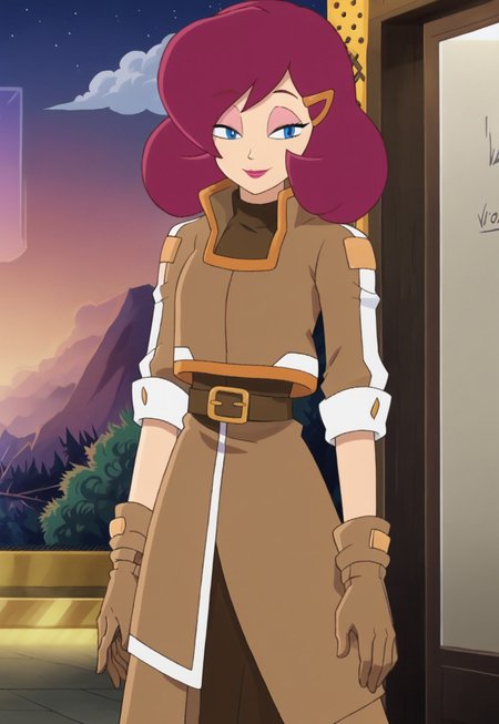 SonicX, masterpiece,best quality,official style, anime screenshot, anime coloring, anime_style, 
prof_tori, 1girl, solo, smile, blue eyes, hair ornament, hairclip, medium hair, belt, brown coat, makeup, brown boots, knee boots, brown gloves, sleeves rolled up, high collar, brown dress, magenta hair, lipstick, half-lidded eyes, pink eyelids